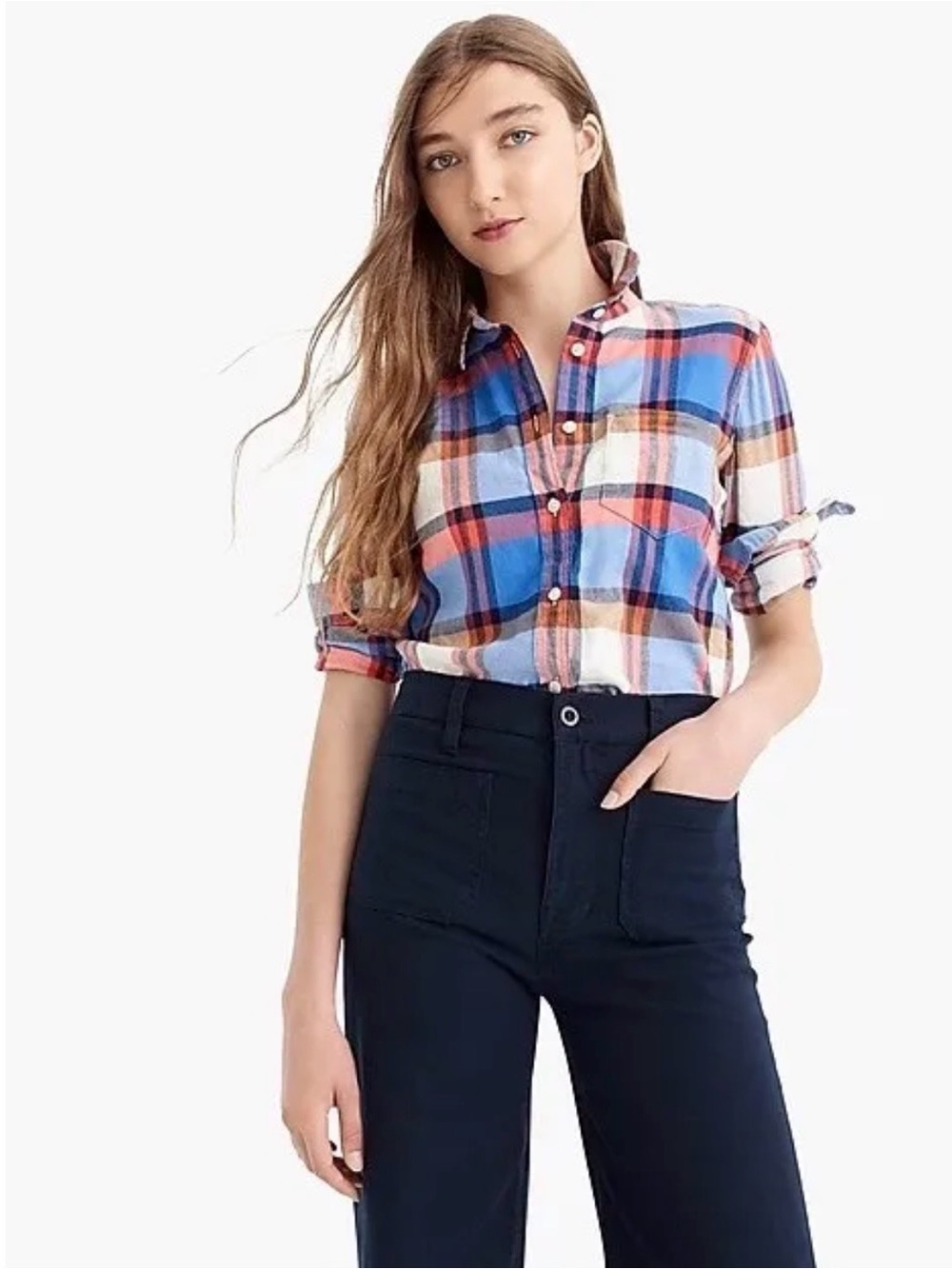 J. Crew Blue, Orange & White Plaid Button-Down Shirt